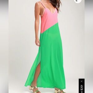 Lulus Seaside Retreat Coral Pink and Green Maxi Cover-Up, Size XS